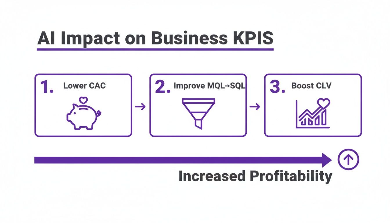 Infographic showing AI's impact on business KPIs: lower CAC, improved MQL-SQL, boost CLV, increasing profitability.