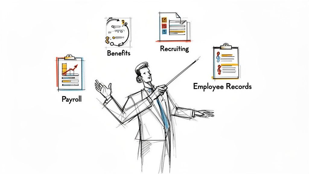 Illustration of a man pointing to icons representing HRIS functions like payroll, benefits, recruiting, and employee records.