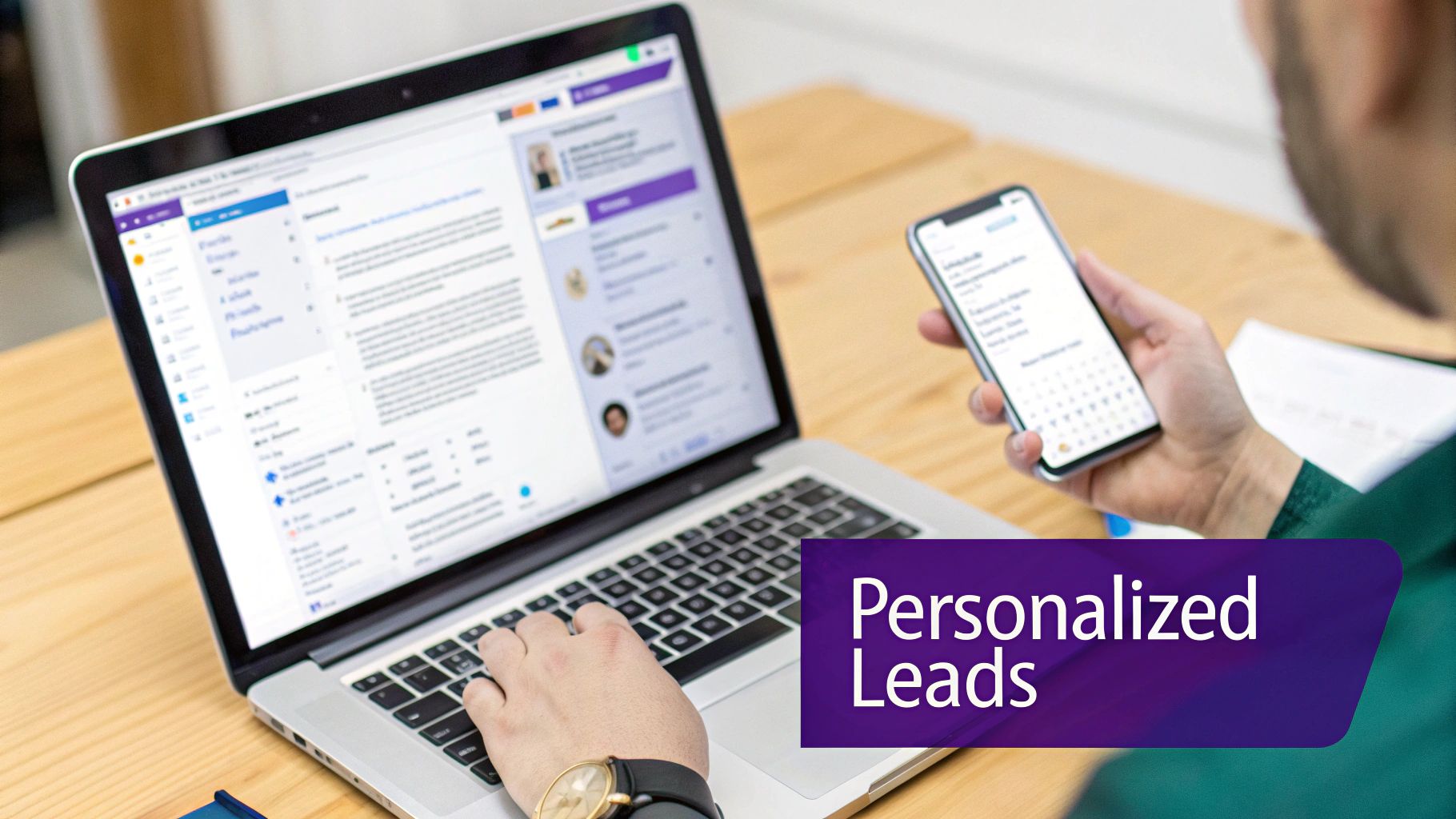 A person works on a laptop and holds a smartphone, with 'Personalized Leads' text overlay.