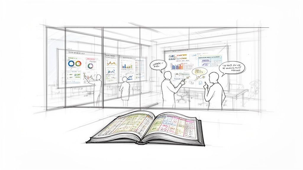Sketch of people analyzing data on large screens in an office with an open ledger.