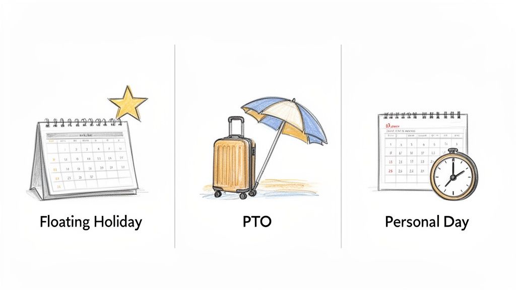 Three illustrations depicting different employee leave types: Floating Holiday, PTO, and Personal Day.