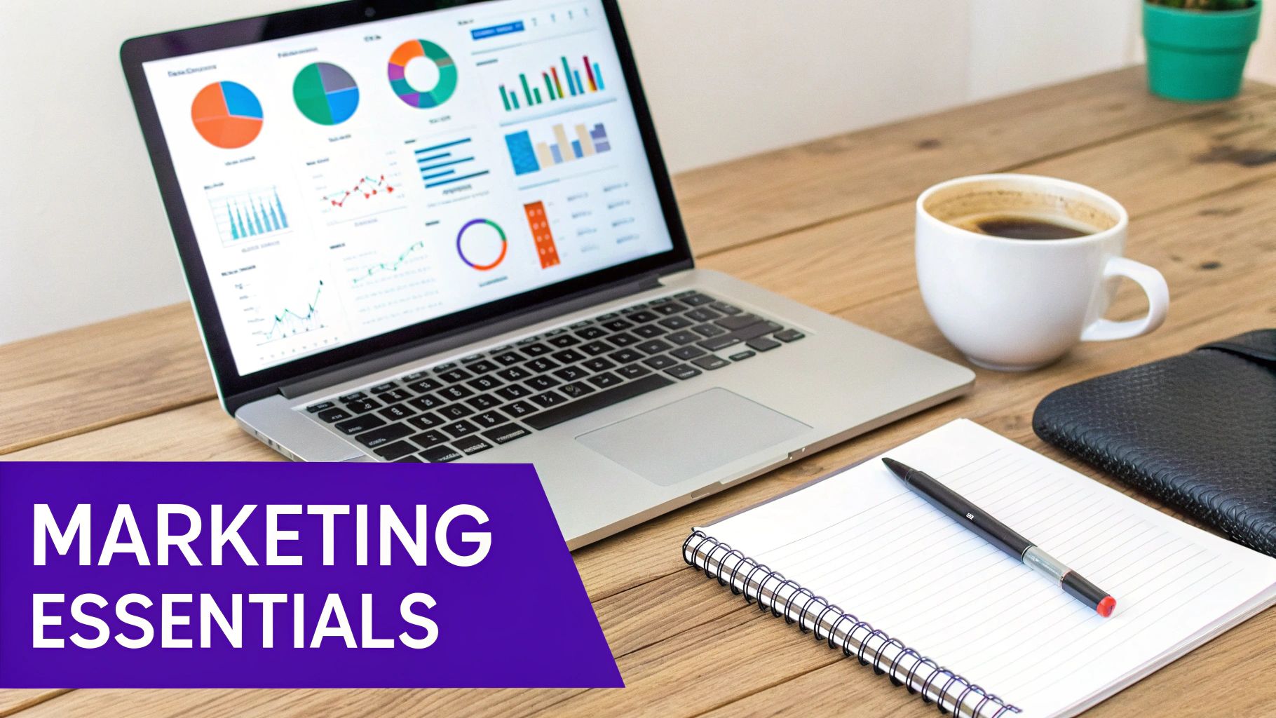 Laptop displaying colorful marketing analytics charts and graphs on wooden desk with coffee and notebook