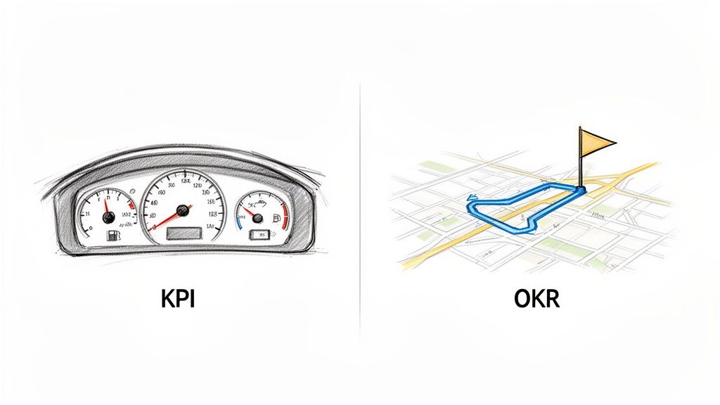 Hand-drawn illustration contrasting KPI metrics on a car dashboard with OKR's goal-oriented map and flag.
