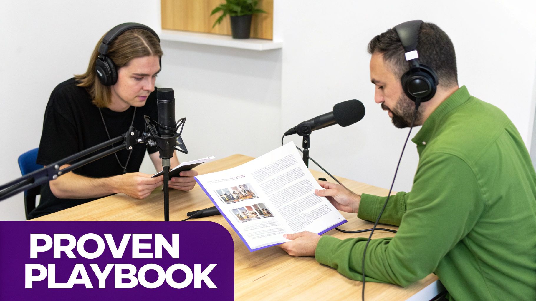Two men wearing headphones recording a podcast, reading from a book and notes.