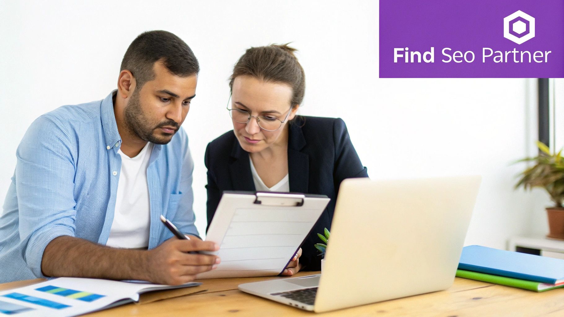 Two business partners collaborating on SEO strategy, reviewing documents and discussing data at a desk.