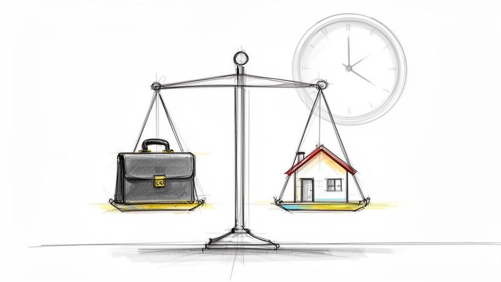 Drawing of a balance scale with a briefcase and house, representing work-life balance.