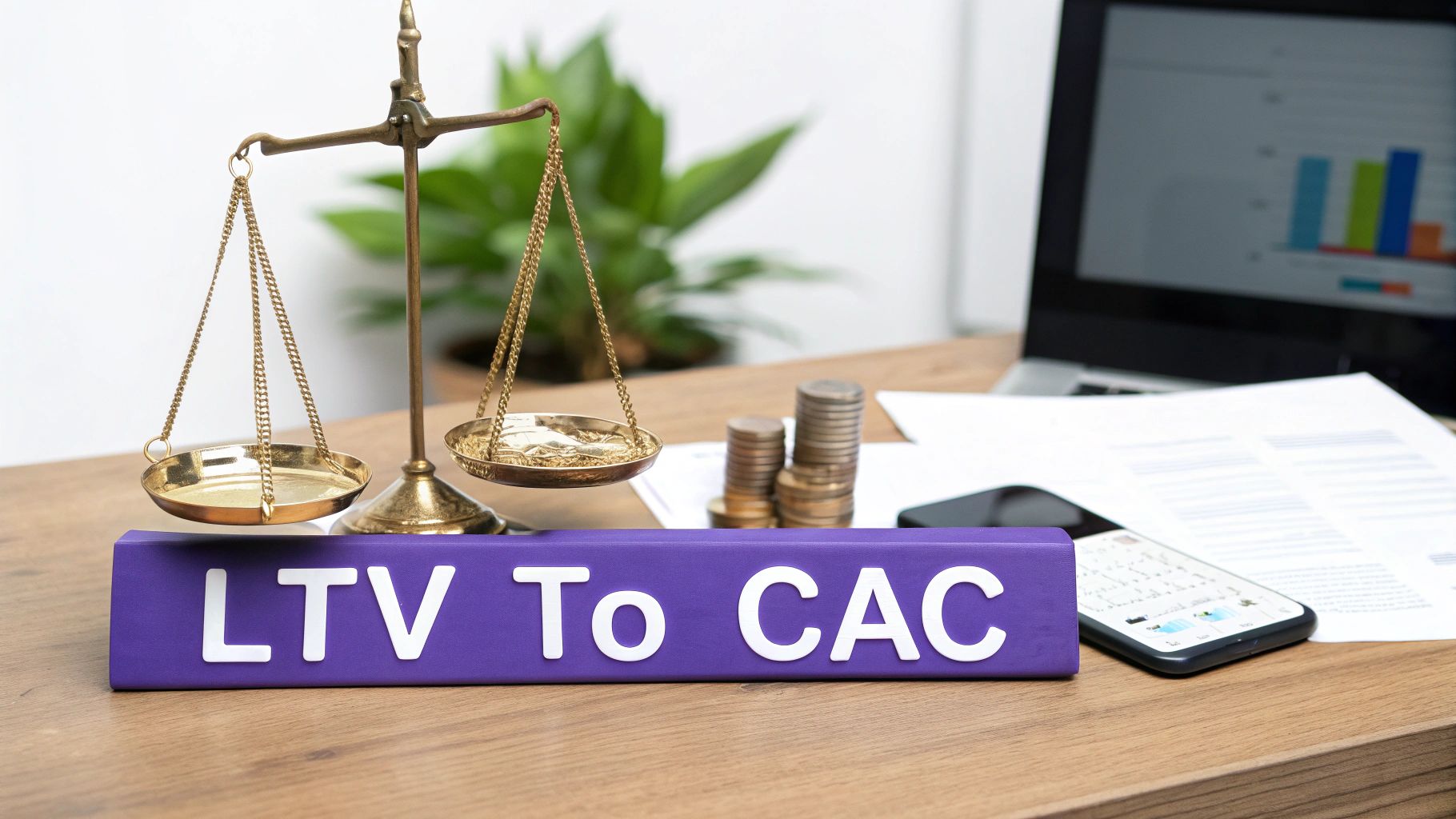 An upward-trending graph in front of a blue background representing the growth that comes from a healthy L-V to CAC ratio