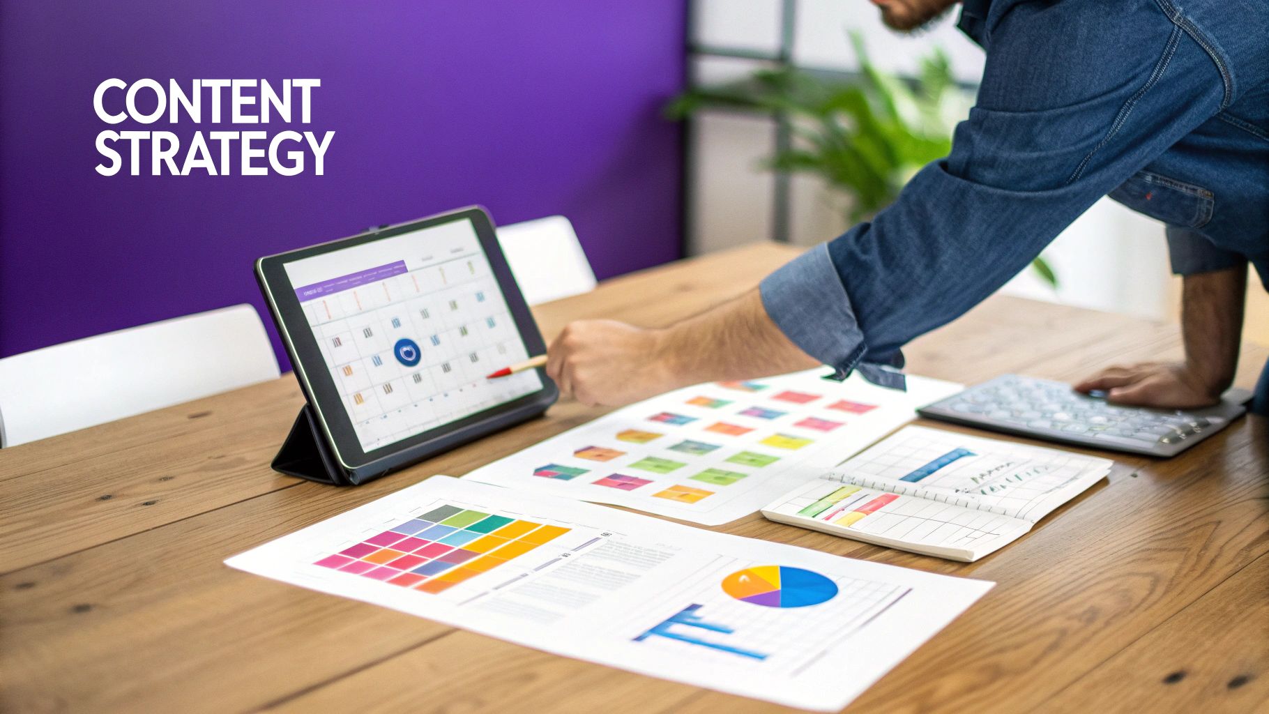 Person planning content strategy on a tablet calendar with documents and charts on a wooden desk.
