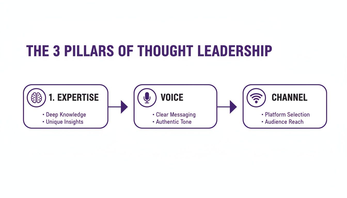 Diagram illustrating the three pillars of thought leadership: expertise, voice, and channel with key components.