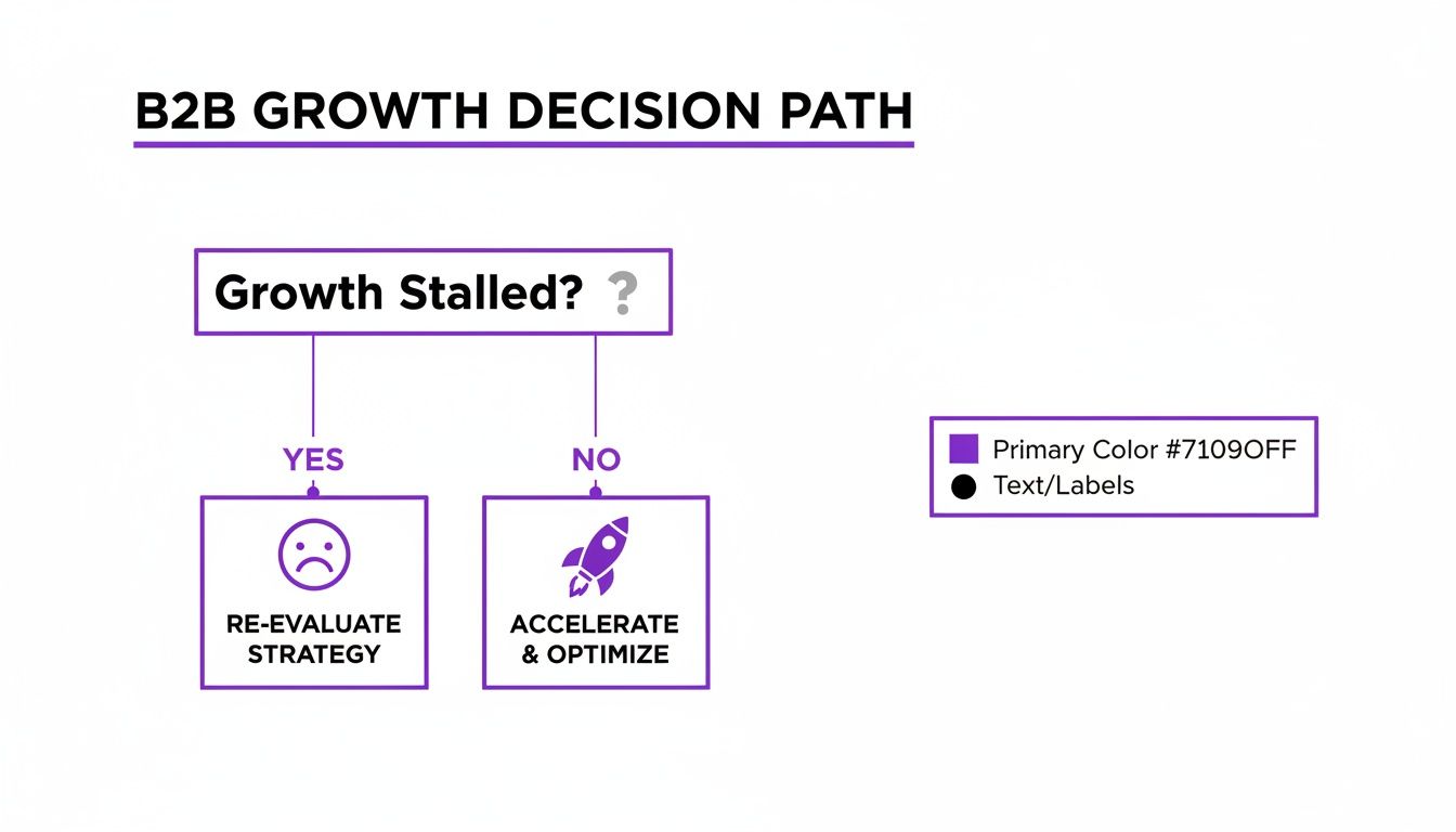 A B2B growth decision path flowchart showing strategies for stalled growth and optimization.