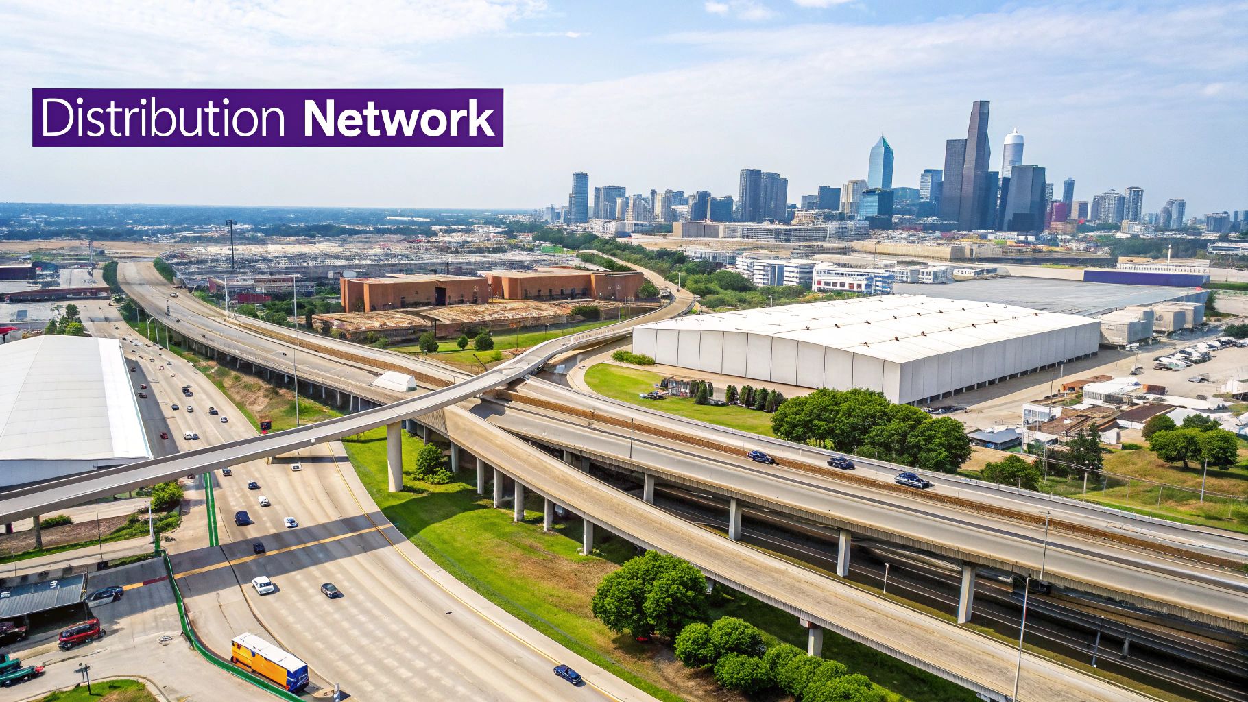 Aerial view of a complex highway interchange with warehouses and a city skyline in the background, labeled 'Distribution Network'.
