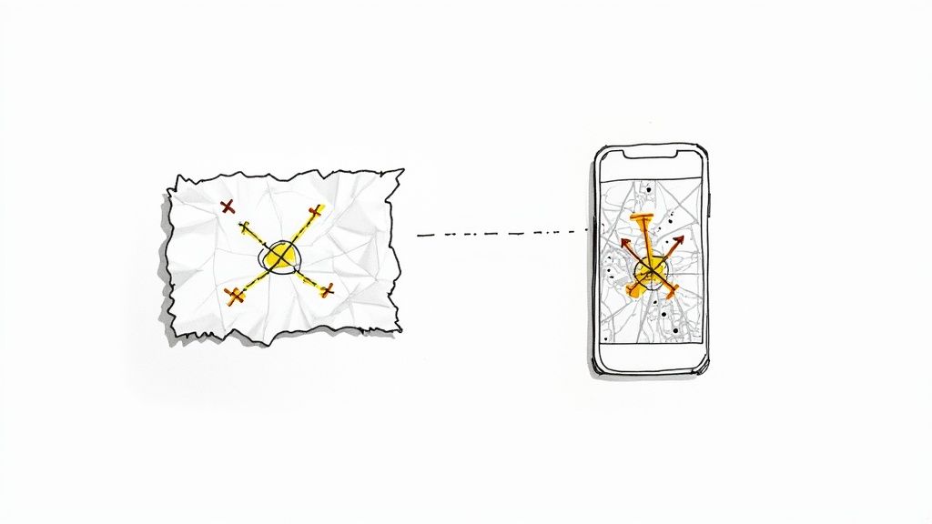 A crumpled paper map with marked locations connects to a smartphone displaying a digital map.