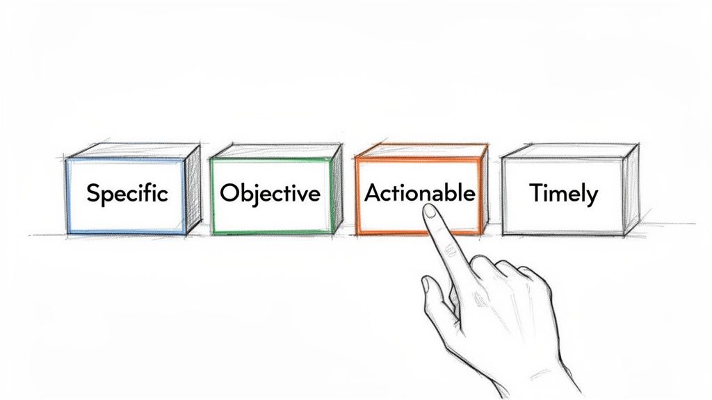 A hand points to 'Actionable' in a series of feedback boxes: Specific, Objective, Timely.