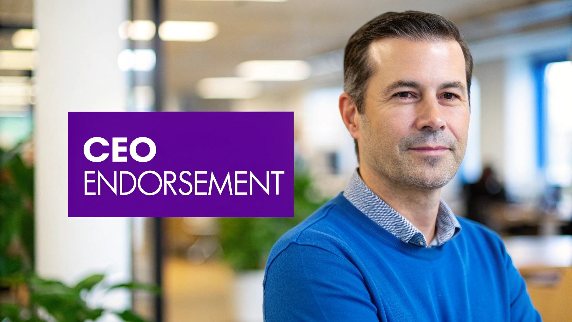 Smiling man in blue sweater in an office with a purple 'CEO ENDORSEMENT' sign.