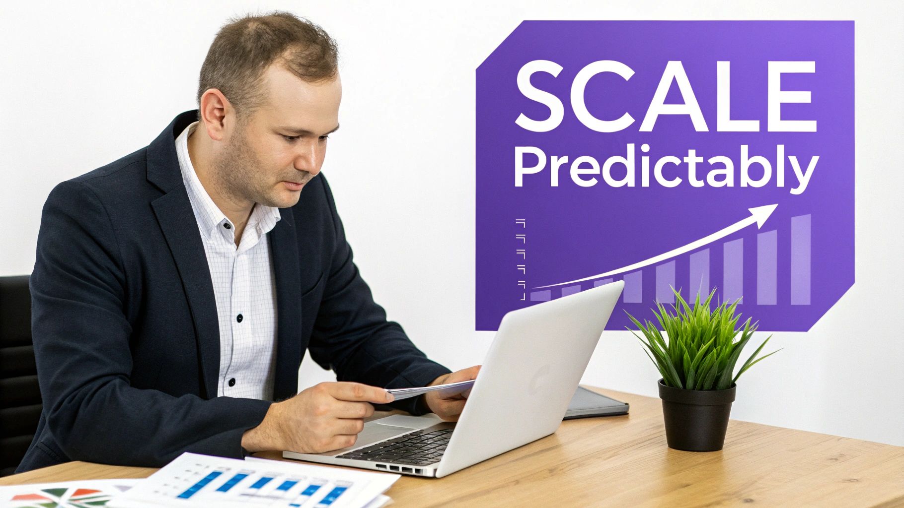 A man works on a laptop at a wooden desk, with business documents and a 'SCALE Predictably' graphic.