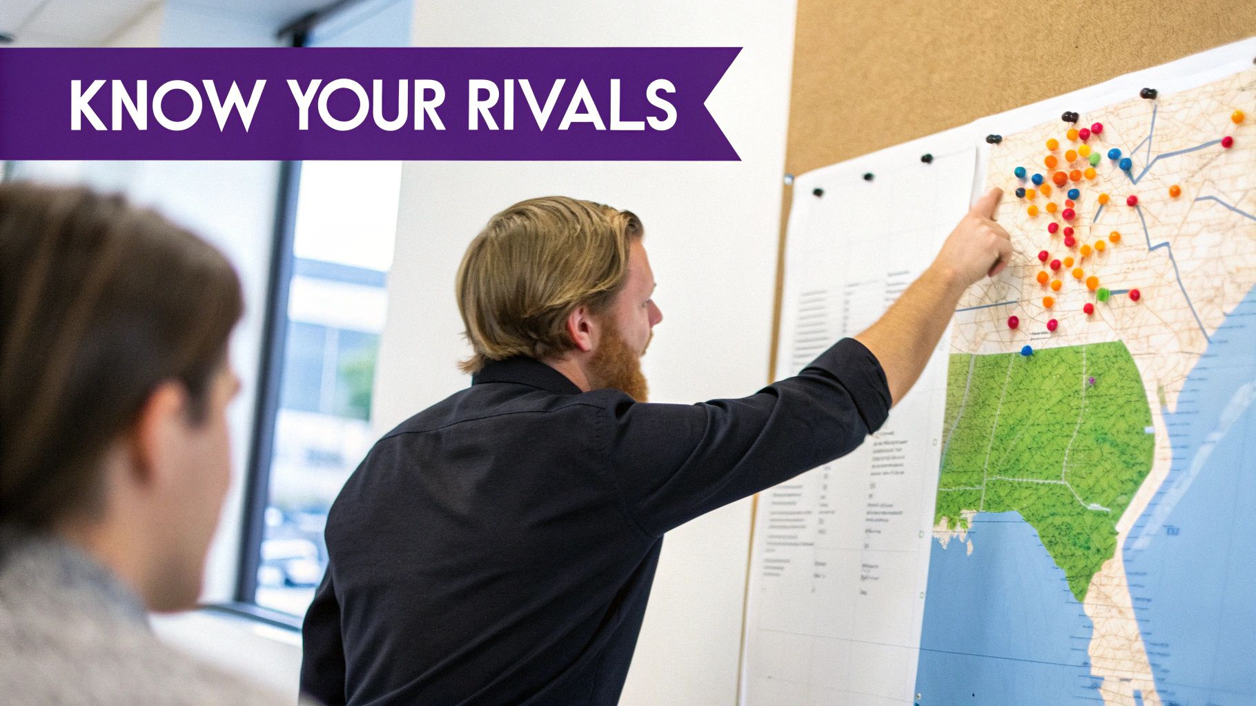 A bearded man points at a strategic map with colorful pins, a colleague watches, under a 'KNOW YOUR RIVALS' banner.
