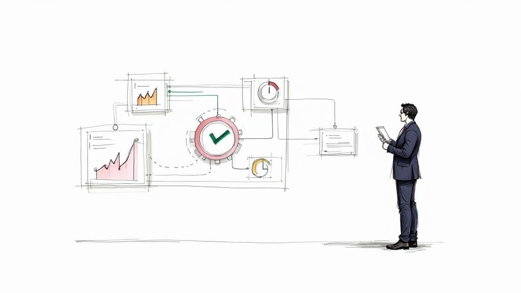 An illustrated businessman uses a tablet to interact with a data management system showing graphs and a workflow.