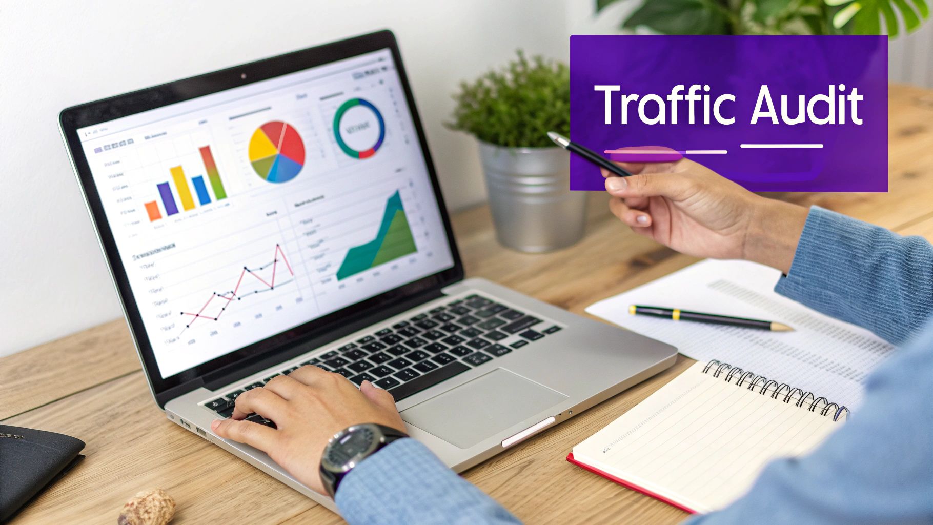 Person analyzing website traffic data on a laptop with charts and graphs, featuring a 'Traffic Audit' overlay.