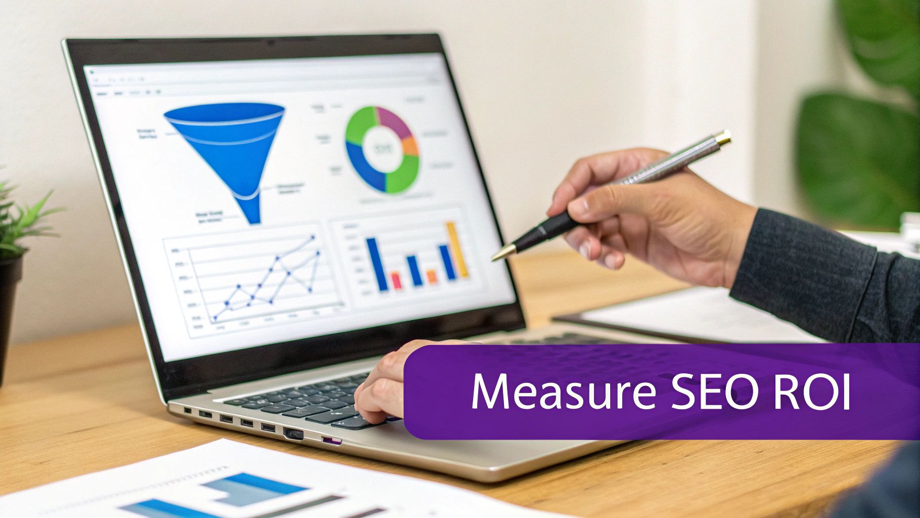 Person analyzing SEO ROI data on a laptop with charts and graphs, measuring performance.