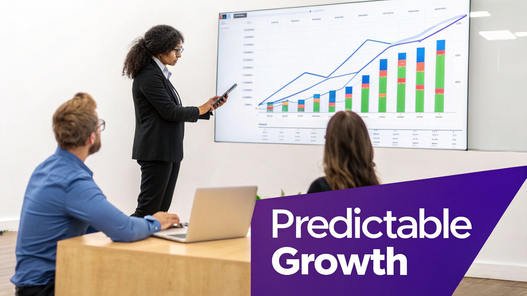 A businesswoman presents a predictable growth chart on a large screen to two colleagues in an office.