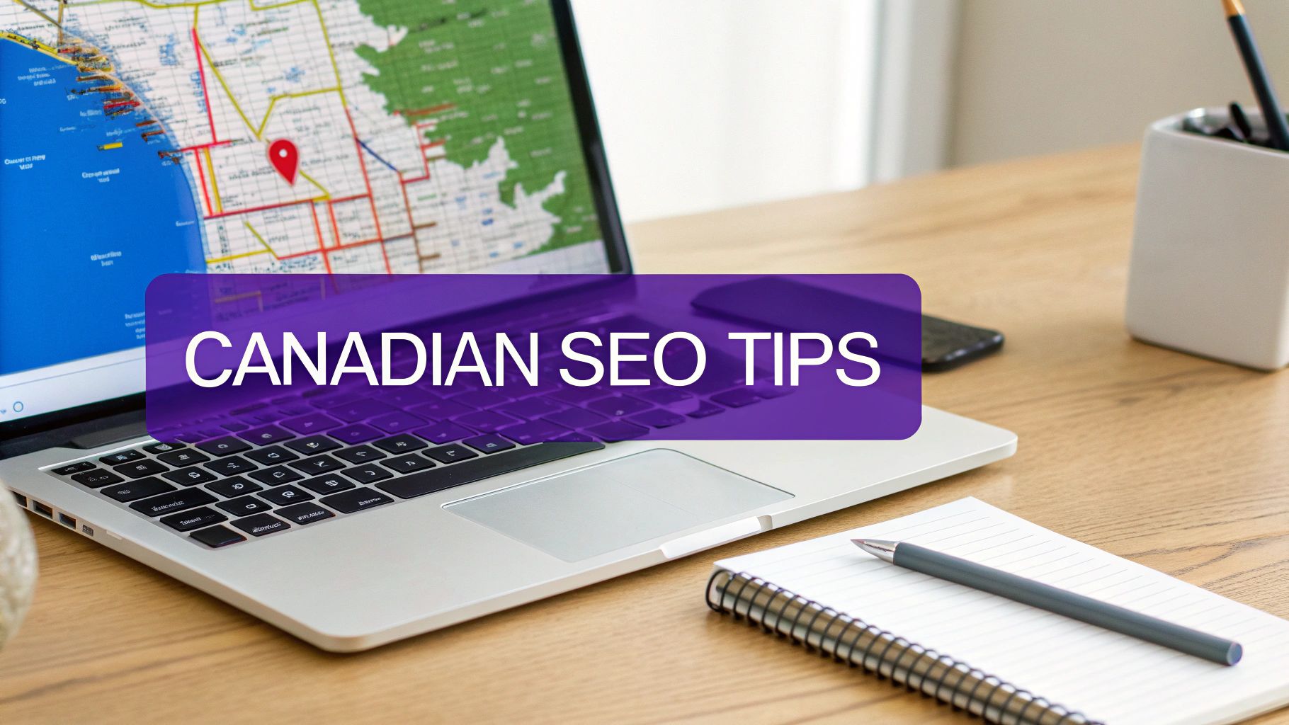 A laptop displaying a map with a location pin, overlaid with a banner reading 'CANADIAN SEO TIPS', on a desk with a notebook and pen.