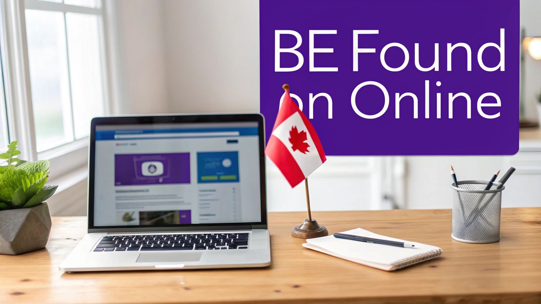 A modern workspace with a laptop, Canadian flag, a plant, and a 'BE Found Online' sign.