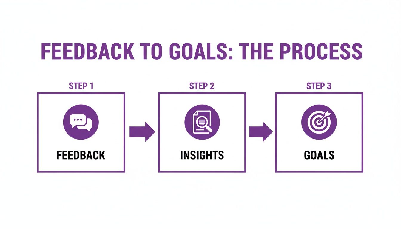 A three-step process diagram showing feedback leading to insights, then to goals.