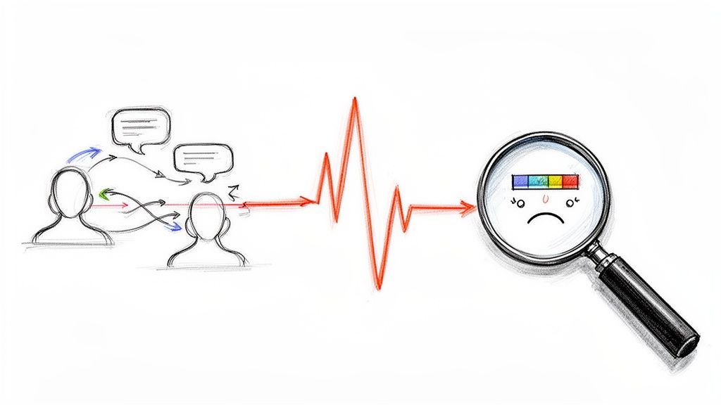 Illustration of communication issues leading to a problematic outcome observed through a magnifying glass.