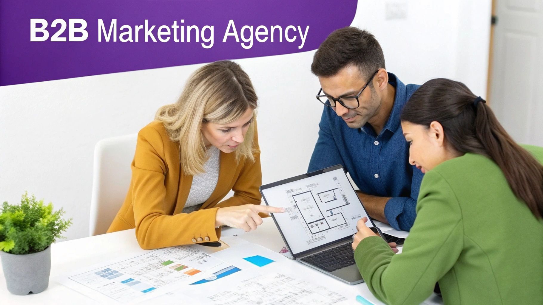 Three diverse professionals collaborate, reviewing a laptop with architectural plans and documents in a meeting.