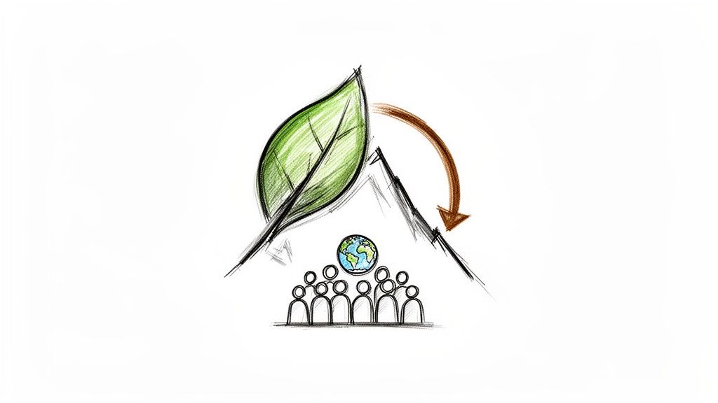 Hand-drawn image showing a green leaf, mountain, people, and globe with a cycle arrow for sustainability.