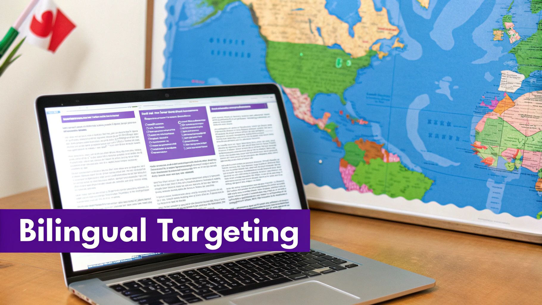 Laptop on a desk displaying a webpage with a world map and a Canadian flag, overlaid with 'Bilingual Targeting' text.