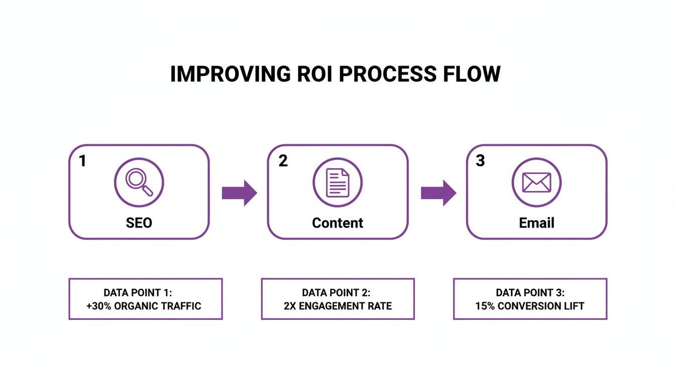 Process flow illustrating improving ROI through SEO, Content, and Email marketing, with key data points.
