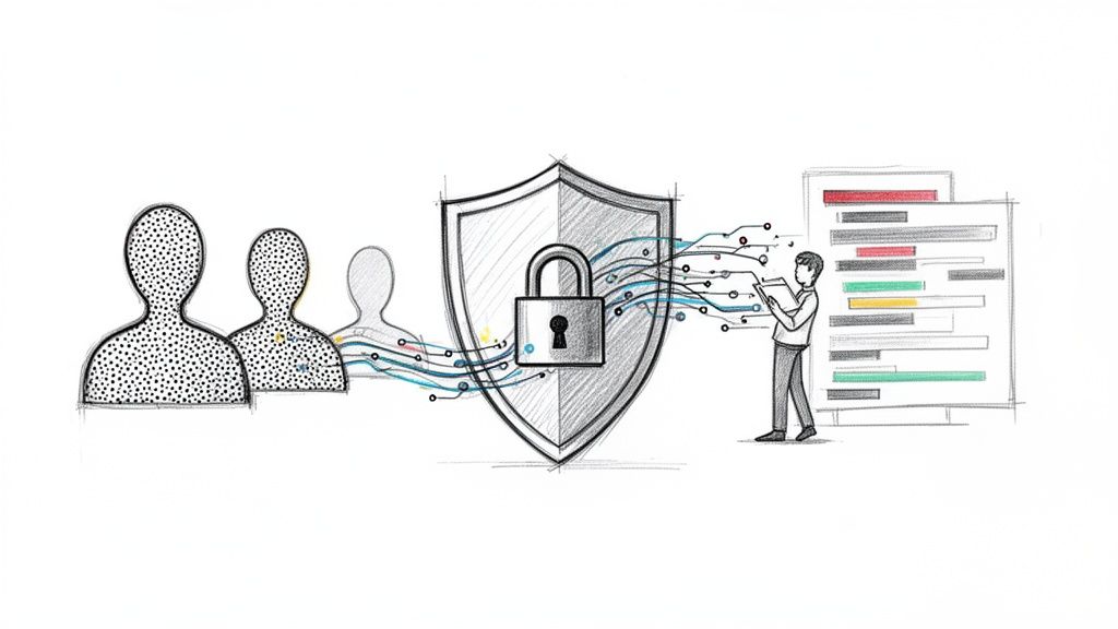 Conceptual drawing showing secure data flow from individuals, protected by a shield and padlock, to data management.