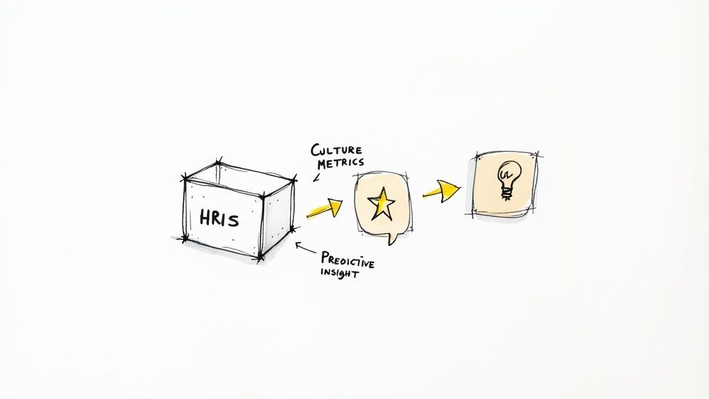 An HRIS system processes culture metrics and predictive insight to generate new ideas.
