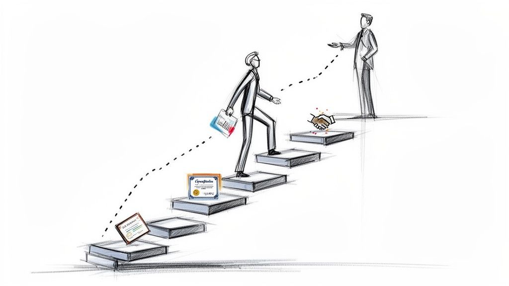 Illustration of a man climbing stairs, representing career growth with patents, certifications, and a handshake.