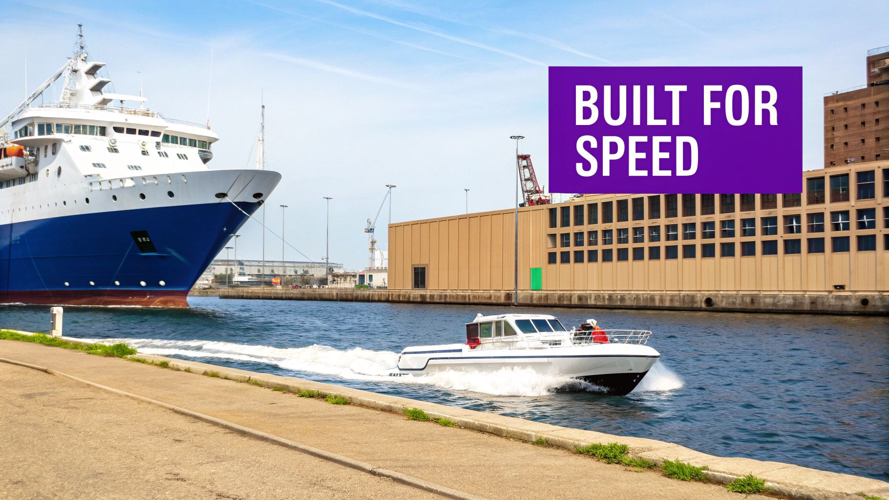 A white speedboat races past a large blue cruise ship docked in a bustling harbor under a clear sky.