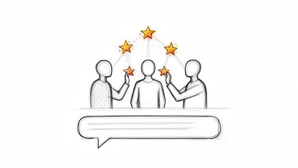 Three minimalist figures collaborate, holding up stars, symbolizing teamwork, achievement, and employee recognition.