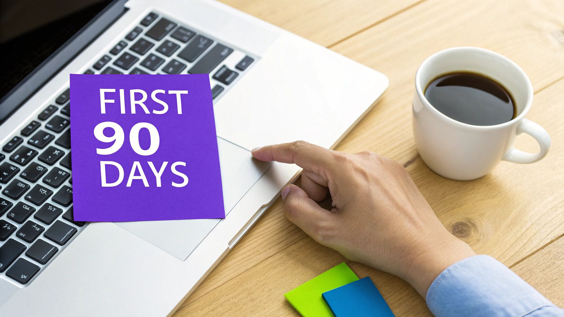 A person works on a laptop with a 'FIRST 90 DAYS' note, highlighting a new beginning.