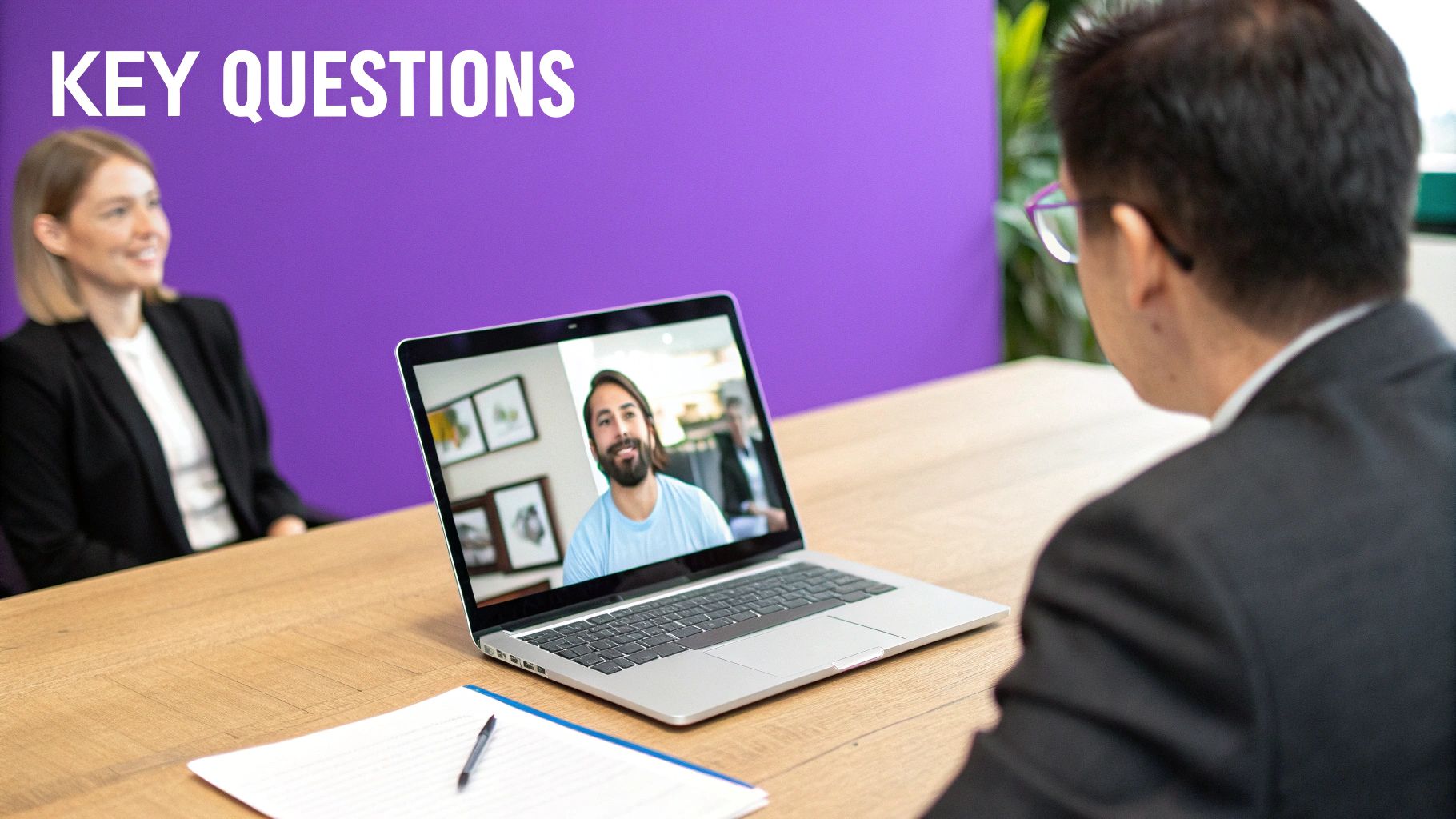 Two professionals conduct a video conference interview with a smiling man on a laptop screen, with a 'KEY QUESTIONS' wall.