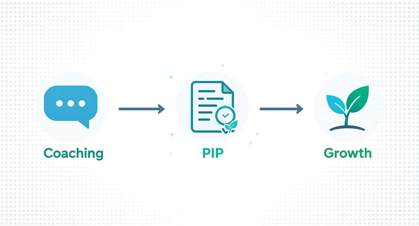 Diagram showing coaching, leading to a performance improvement plan (PIP), and resulting in growth.