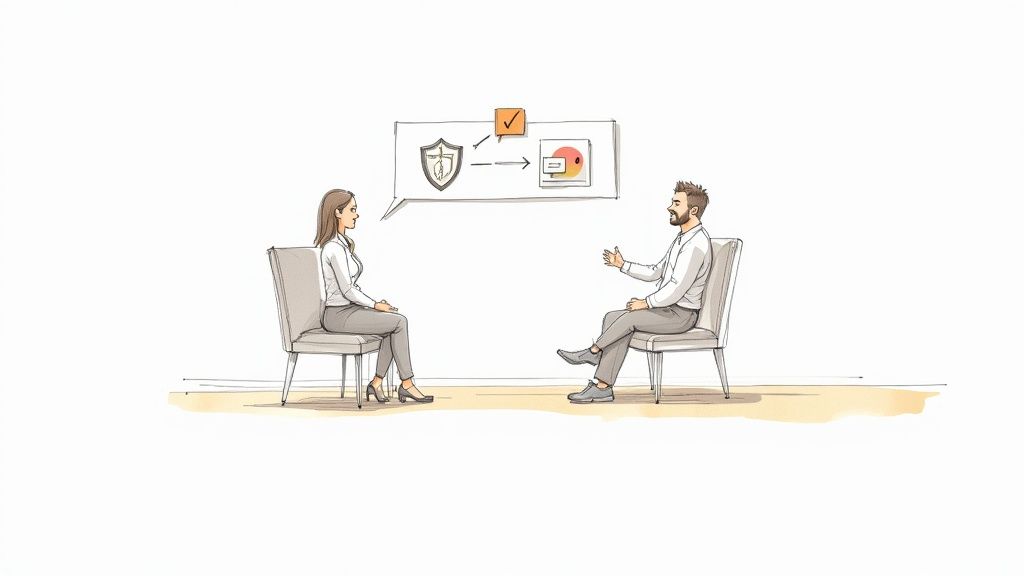 Illustration of a man and woman discussing business strategy, data, and security in a professional setting.
