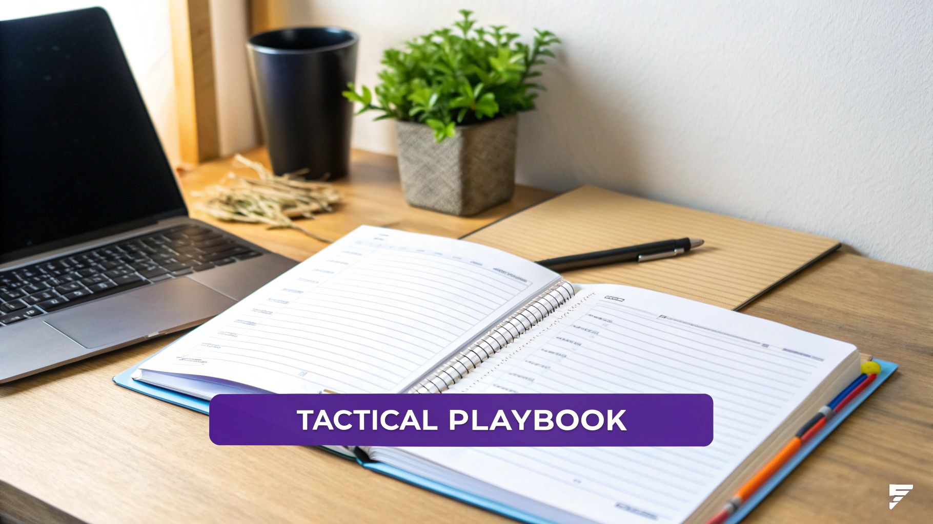 A professional desk setup with a laptop, an open notebook, pen, and a 'Tactical Playbook' banner.