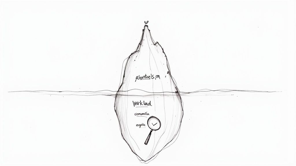An iceberg diagram illustrates 'absenteeism' above the waterline, with 'workload', 'communication', and 'negative' causes submerged.