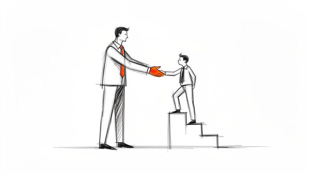 A sketch of a taller man shaking hands with a smaller man climbing steps, symbolizing mentorship and progress.