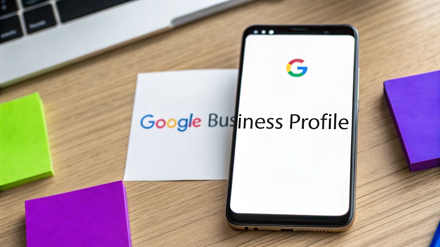 A smartphone displaying 'Google Business Profile' next to a matching logo card on a wooden desk.