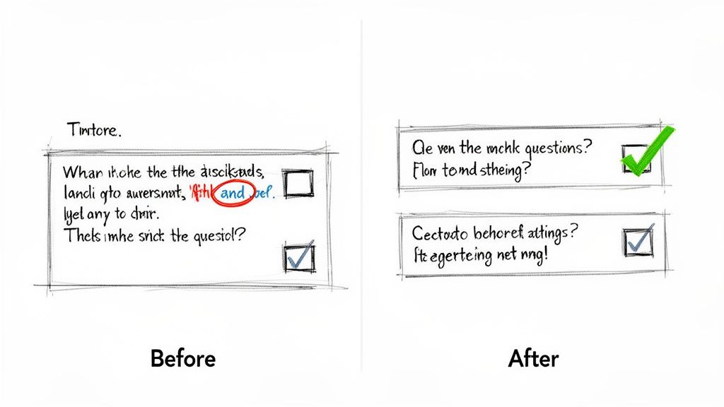 Handwritten checklist showing 'Before' with initial draft and 'After' with revised content.