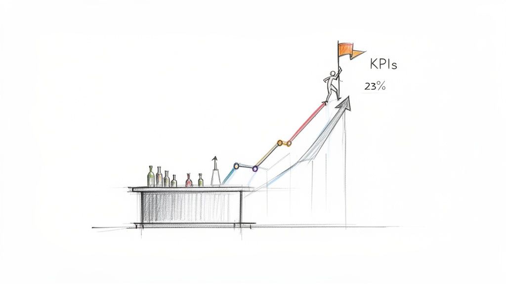 Hand-drawn sketch illustrating business growth with a person climbing a rising graph towards KPIs.