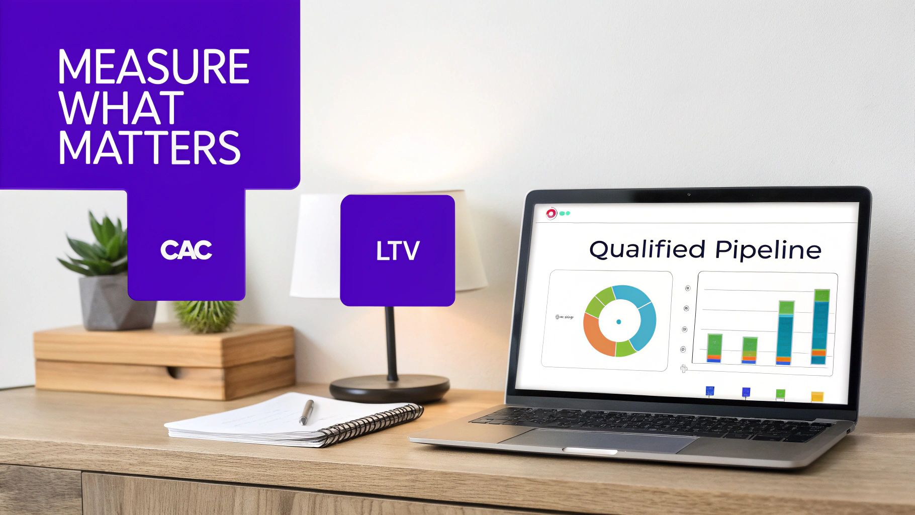 A laptop displaying business analytics charts on a desk, with text 'MEASURE WHAT MATTERS', 'CAC', and 'LTV'.