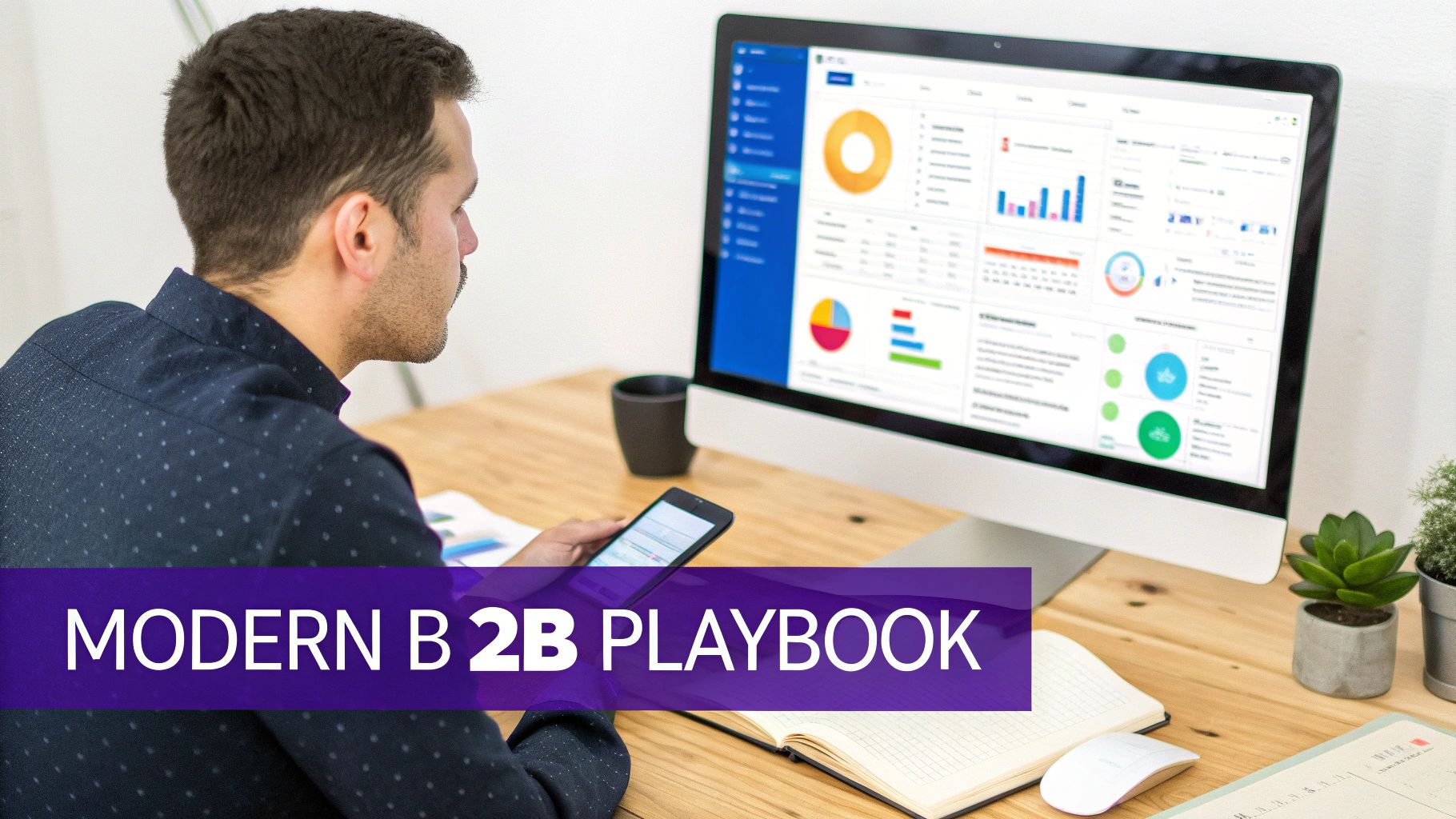 Man analyzing modern B2B data on a computer dashboard and smartphone, at his desk.