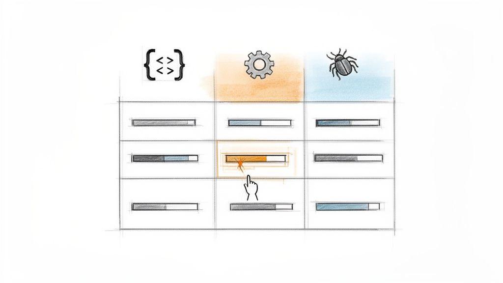Interactive grid with code, settings, and bug icons, showing progress bars and a cursor click.